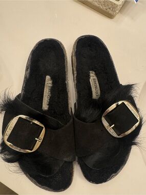 Birkenstock Black Suede Fur-Trim Slide with Silver Buckle